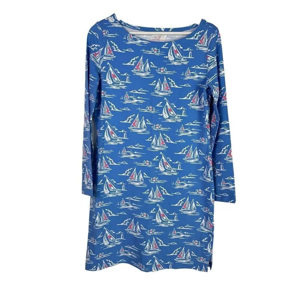 Vineyard Vines Women’s Small Knit Dress Boat Print Cornflower